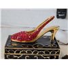 Image 2 : Vtg. Enamel trinket/ pill box with red jewelled stiletto shoe & neck chain.