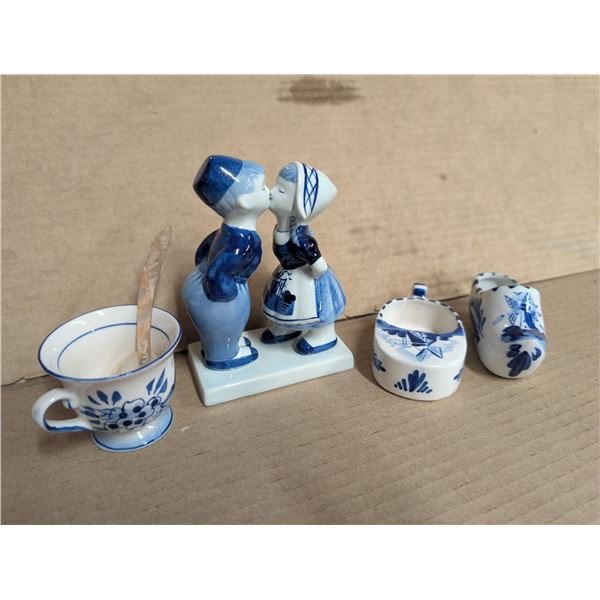 Vintage Blue and White Porcelain Items (Shoe, Tea Cup, and Boy and Girl)