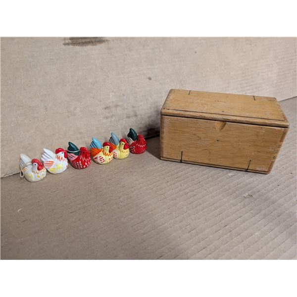 (6) Vintage Small Chicken Decor Items and Fold Out Wooden Box