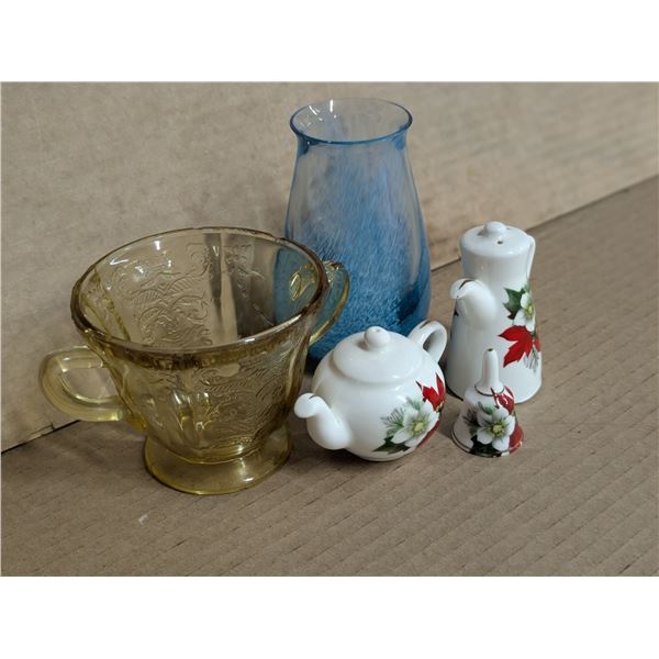 (2) Vintage Glasses (1) Possible Depression Glass, (1) Decor, and etc.