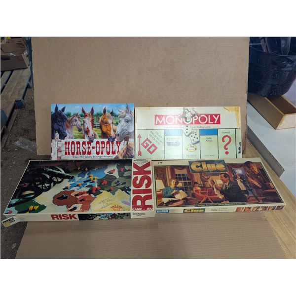 (4) Vintage Versions of RISK, CLUE, MONOPOLY, and Horse-Opoly
