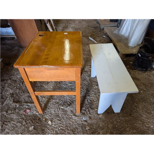 old Childs Wood Desk W/ Wooden Bench (19x25x26") and (30x11x18")