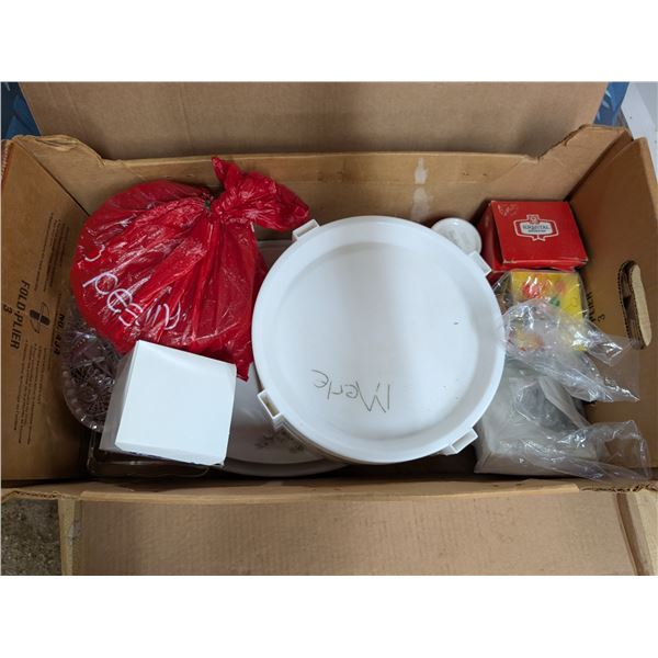 Box of Mugs, Tupperware, Crystal Dishes, and etc.