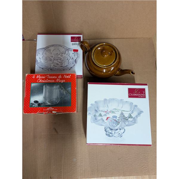 Celebrations Crystal Dish (4) Christmas Mugs, Enamel Tea Pot