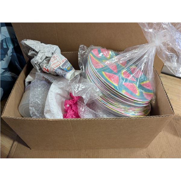 Box of Plates, Fire King Bowls, tupperware, and etc.