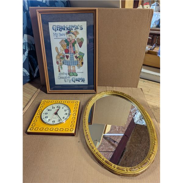 Framed Needle Point, Working Wall Clock, and Mirror