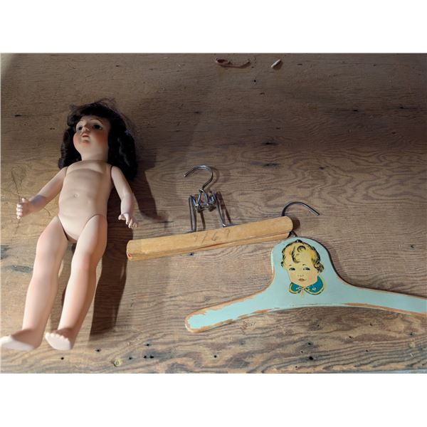 Vintage Ceramic Doll w/ (2) Vintage Doll Clothes Hangers