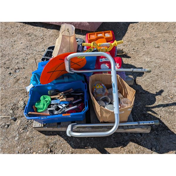 Pallet of Misc. Items (Cutlery, Lamp, Childs Plastic Toy Quad, and etc.)