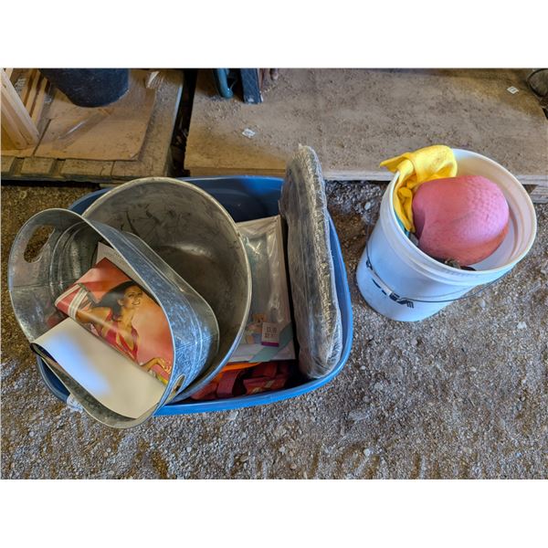 Storage Tub and White Pail of Misc. (Pails, Toy balls, Jacket, and etc.)
