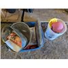 Image 1 : Storage Tub and White Pail of Misc. (Pails, Toy balls, Jacket, and etc.)