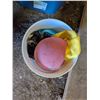 Image 8 : Storage Tub and White Pail of Misc. (Pails, Toy balls, Jacket, and etc.)