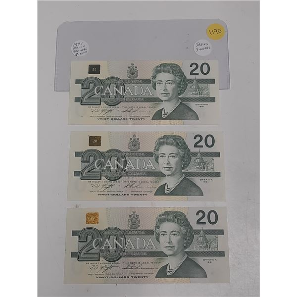 (3) 1991 Canada Twenty Dollar - In Series. (Uncirculated)