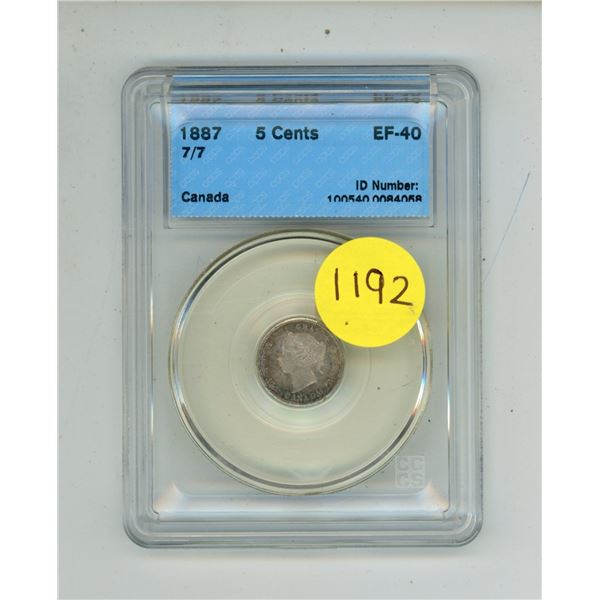 1887 Canada Five Cents -7/7 - EF-40 - CCCS. (Key Date)