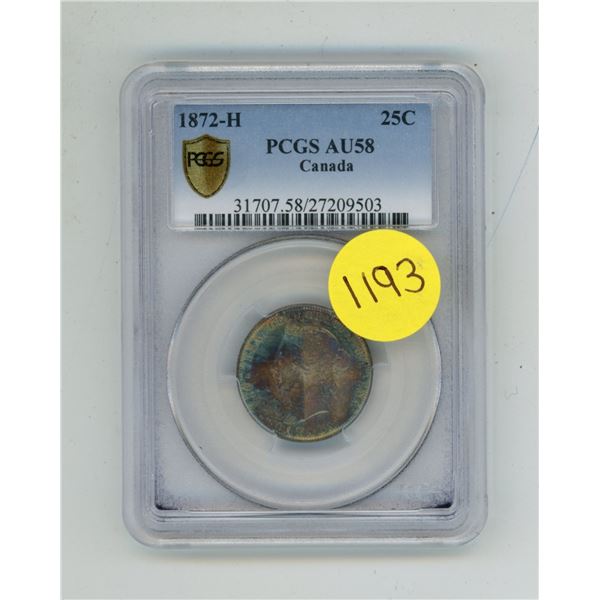 1872-H Canada 25 Cents - PCGS AU58. (Key Date)