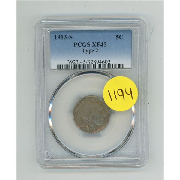 1913-S Canada 5 Cents - PCGS XF45 - Type 2. (Key Date)