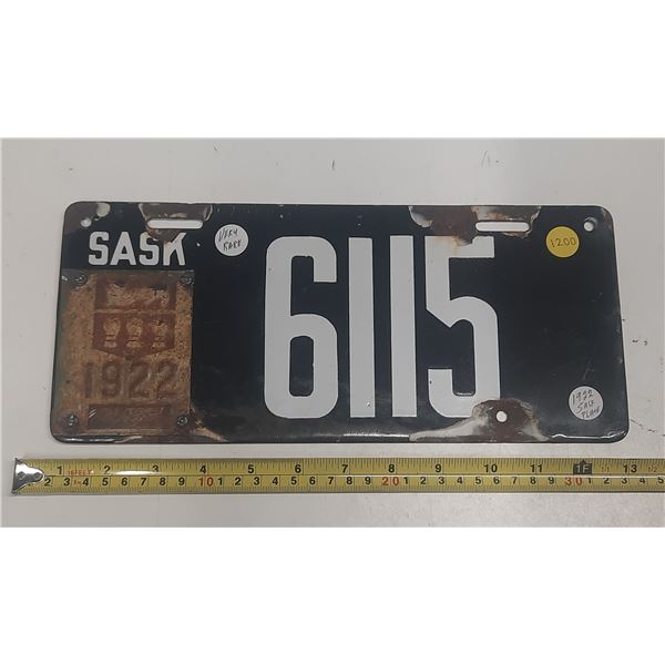 1922 Saskatchewan License Plate #6115 Low Number.