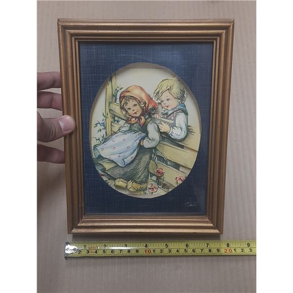Vintage 3D shadow box diorama featuring a paper art scene inspired by Hummel designs.