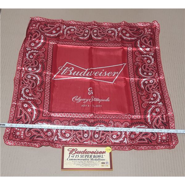 Budweiser bandana celebrating the 2020 Calgary Stampede and Budweiser Super Bowl Commemorative Medal