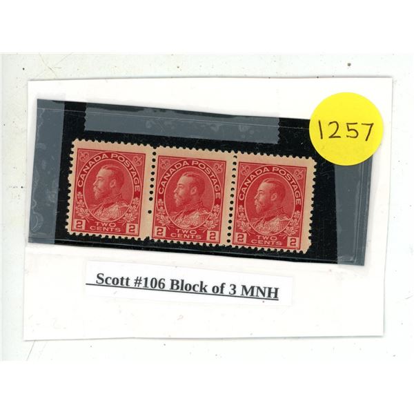Scott #106 Block of 3 MNH.