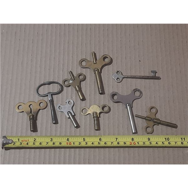 (9) Vintage metal winding keys for antique clocks, music boxes, or wind-up toys.