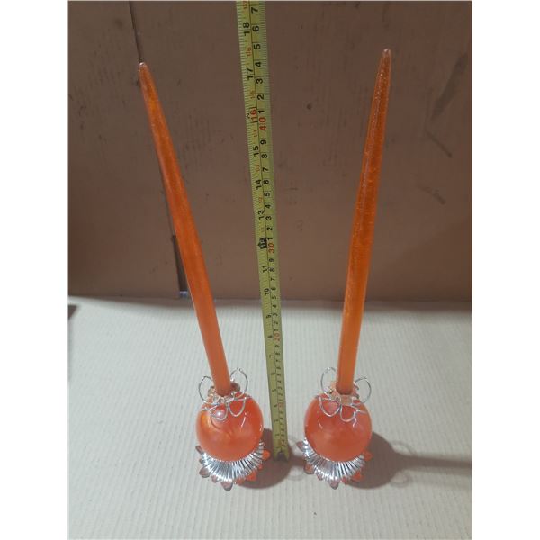 Vintage orange lucite candles with matching ball holders.