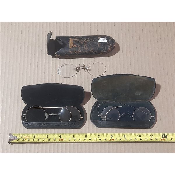 (3) Antique Reading Glasses with Case. (One Glass Missing In One Spectacle)