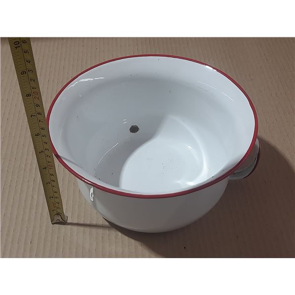 Vintage white and red enamelware chamber pot.