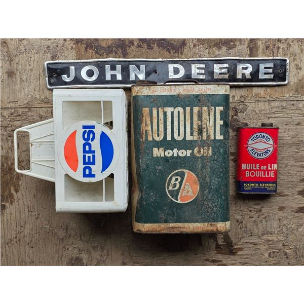 B/A motor oil tin, Toronto elevator tin. John deere plate, and Pepsi crate