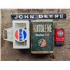 Image 1 : B/A motor oil tin, Toronto elevator tin. John deere plate, and Pepsi crate