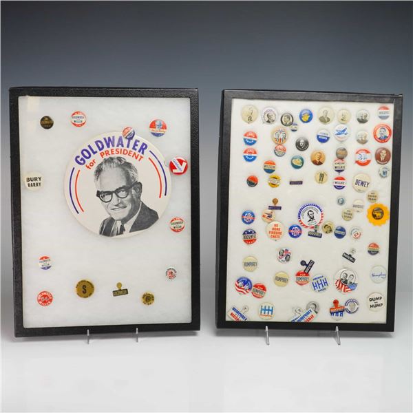 A Collection of American Political Campaign Buttons and Pins in Two Display Trays Including Barry Go