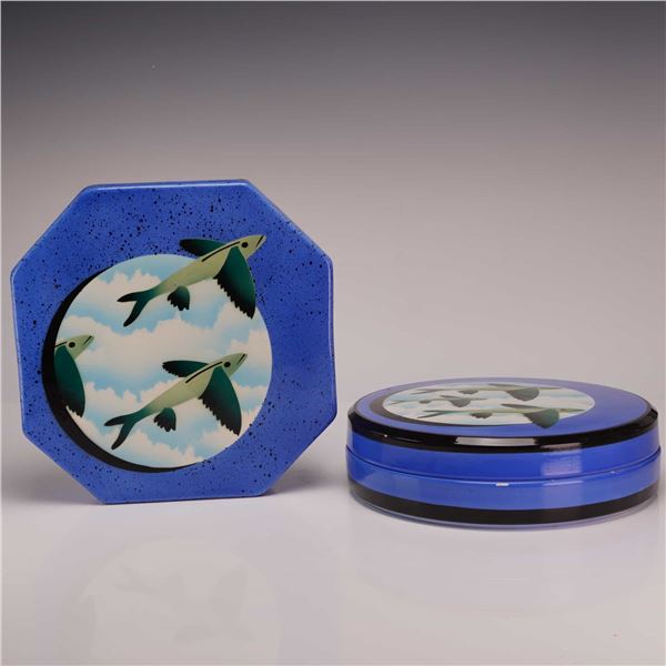 Two Piece Gary Coles Signed and Dated 1986 Ceramic Lidded Box and Vase with Flying Fish Design