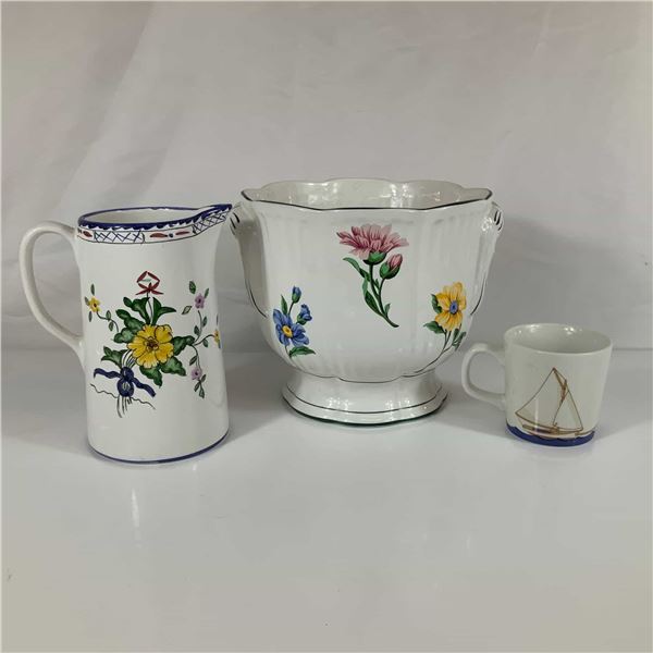 Three Tiffany & Co. Ceramic Pieces Including Lisbon Pitcher, Floral Vase, and Seashore Mug