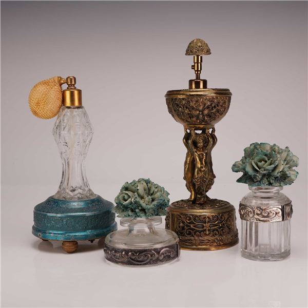 A Set of 4 Vintage Ornate Perfume Bottles Including Musical and Acquachiara Examples