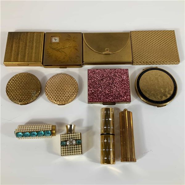 12pc Collection of Vintage Compact, Lipstick, and Perfume Bottle Cases including Stratton and Revlon