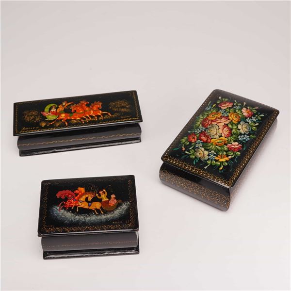 Artist I. Gogina and Palekh School Three Vintage Russian Lacquer Boxes