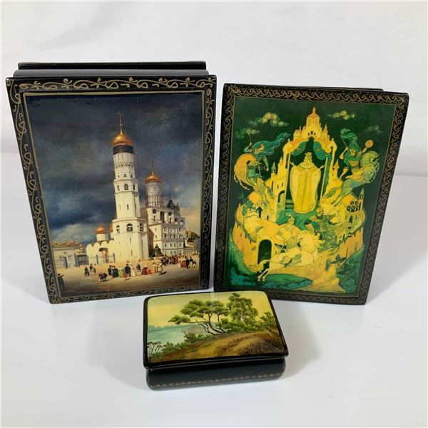 Three Russian Palekh Lacquer Boxes featuring Kremlin and Countryside Scenes