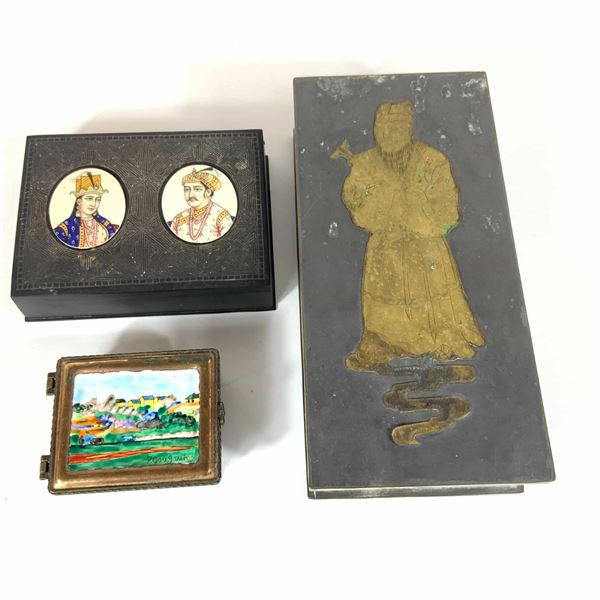 A Trio of Decorative Boxes Including Kelvin Chen Enameled Trinket Box and Mughal Style Portrait Box