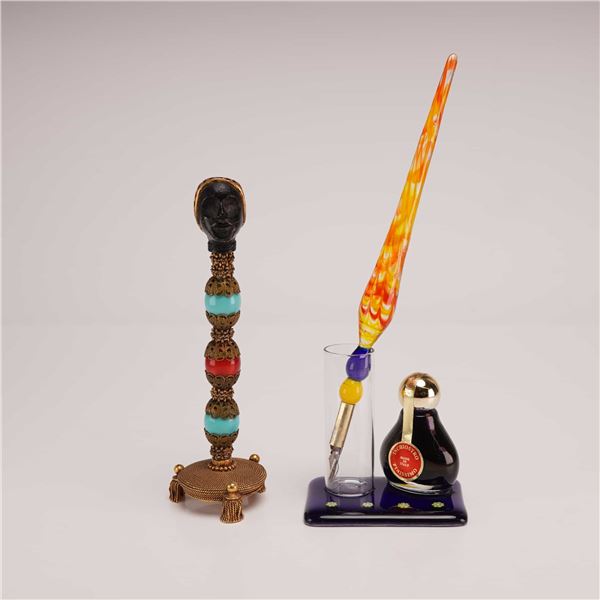 Two Venetian Glass and Metal Calligraphy Pen, Blackamore and Stand Sets