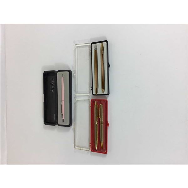 Three Boxed Writing Instrument Sets Including Parker Ballpoint Pen and Gold Toned Sets