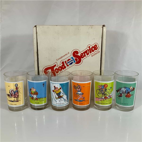 Set of 6 Pepsi Sport Collectors Series Drinking Glasses with Gary Patterson Art 1980
