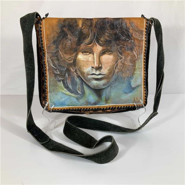 Vintage Boho Patchwork Leather Shoulder Bag with Hand-Painted Jim Morrison Portrait Signed CS