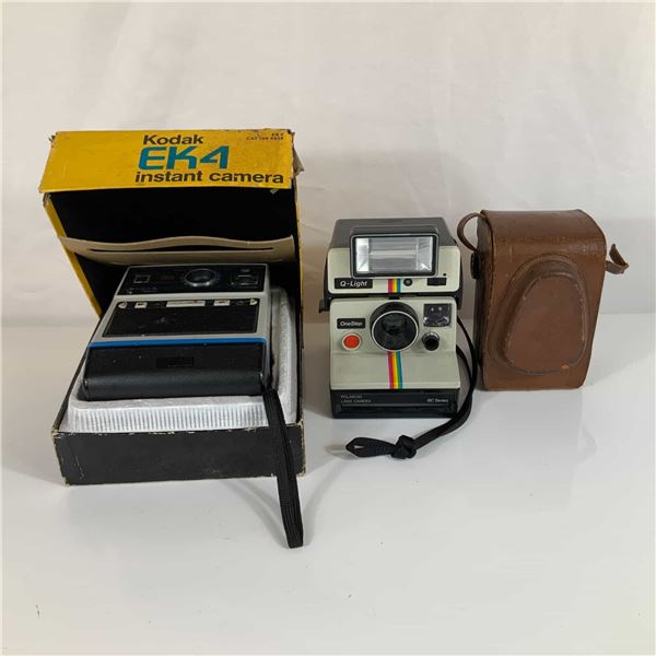 Three Vintage Cameras Including Kodak EK4 with Box, Polaroid OneStep BC Series with Q-Light, and Voi