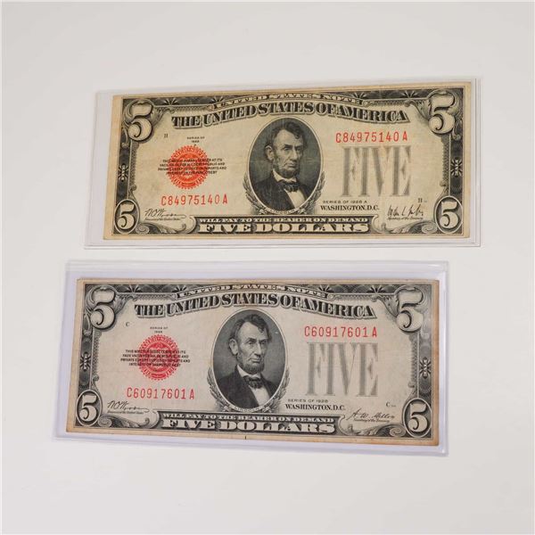 2pc 1928 and 1928A U.S. Five Dollar Red Seal Notes