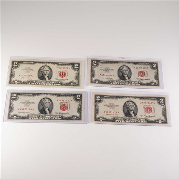 4pc 1953, 1963 U.S. Two Dollar Red Seal Notes