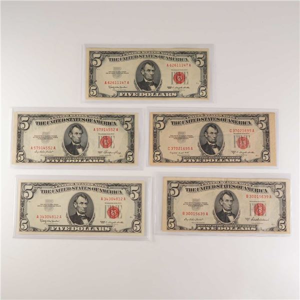 5pc 1953, 1953A, 1953B, and 1963 United States $5 Silver Certificates