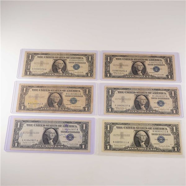 6pc 1957 A,B U.S. Silver Certificate One Dollar Notes