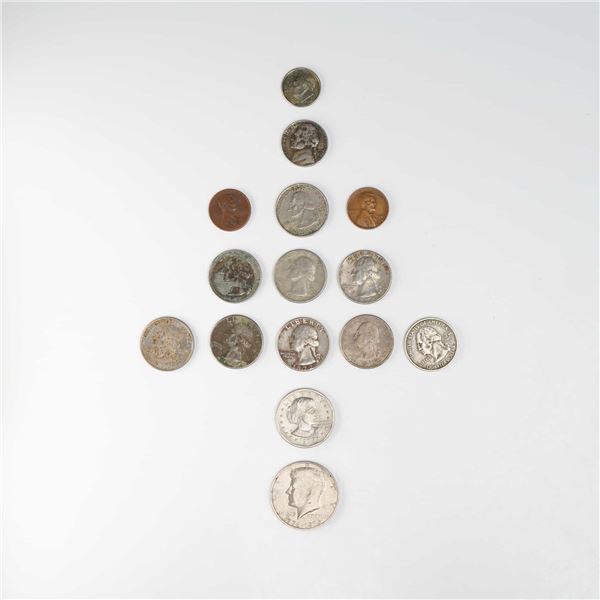 15pc Assorted Coins including Washington Quarter, Kennedy Half Dollar & Susan B. Anthony $1