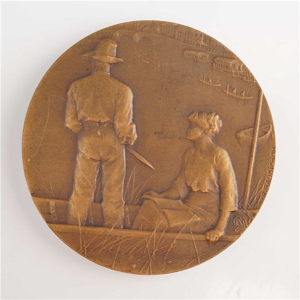 French Art Nouveau Bronze Medal Peche a la Ligne by Rene Baudichon