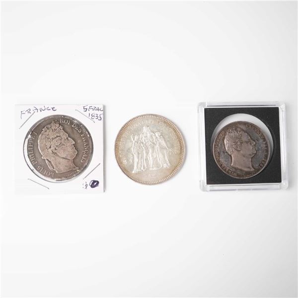 3pc 1835 to 1977 Silver Francs & 1831 British Commemorative Medal