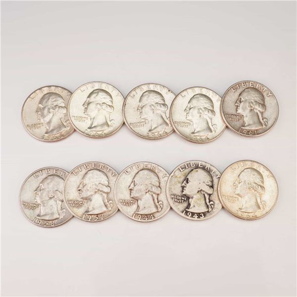 1943,1944,1957,1958,1961,1964 Ten Washington Silver Quarter Circulated Coins